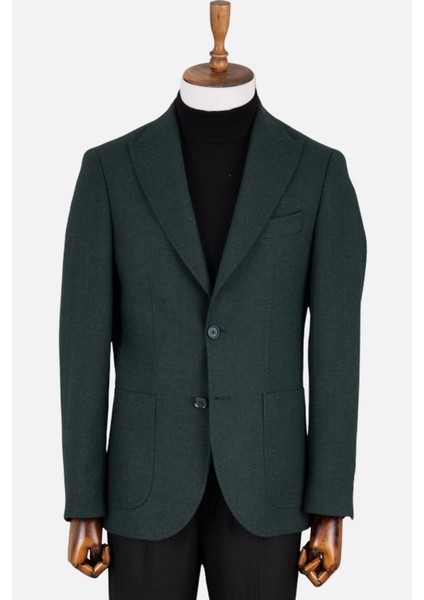 Erkek Iki Düğme Ceket Casual Yün Kırlangıç Yaka Çift Yırtmaç Yeşil