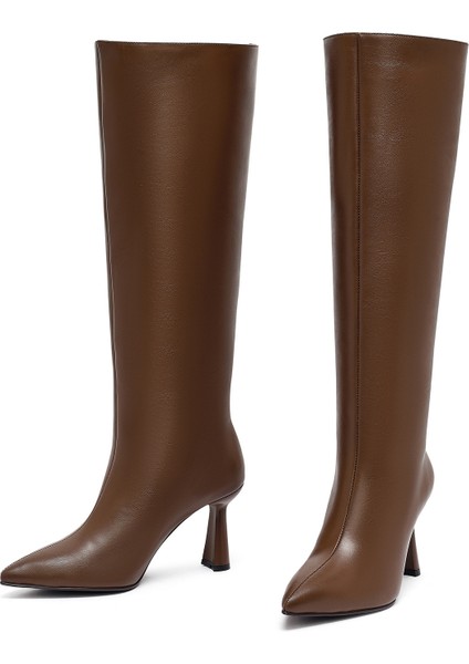 Kadın Kahverengi Topuklu Deri Çizme 25WFD132118 modelleri