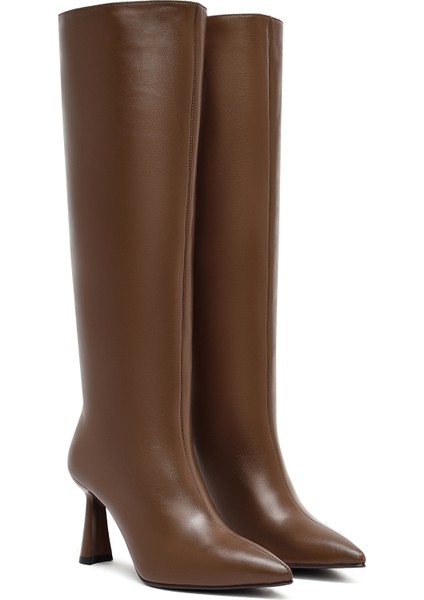 Kadın Kahverengi Topuklu Deri Çizme 25WFD132118 indirimleri