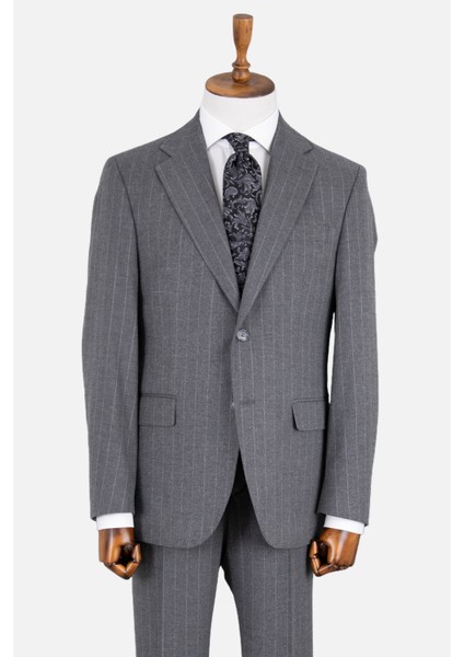 Erkek Klasik Takım Elbise Soft Çizgili Flanel Yün Mono Yaka Rahat Kalıp Gri