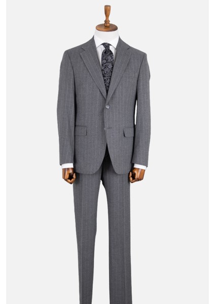 Erkek Klasik Takım Elbise Soft Çizgili Flanel Yün Mono Yaka Rahat Kalıp Gri modelleri
