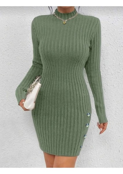 Yarım Balıkçı Yırtmaç Detay Süs Düğmeli Kadın Triko Elbise