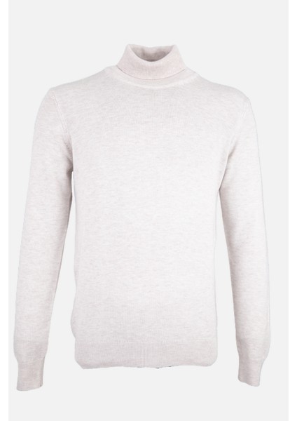 Erkek Tam Balıkçı Yaka Triko Kazak Slim Fit Yün Ekru