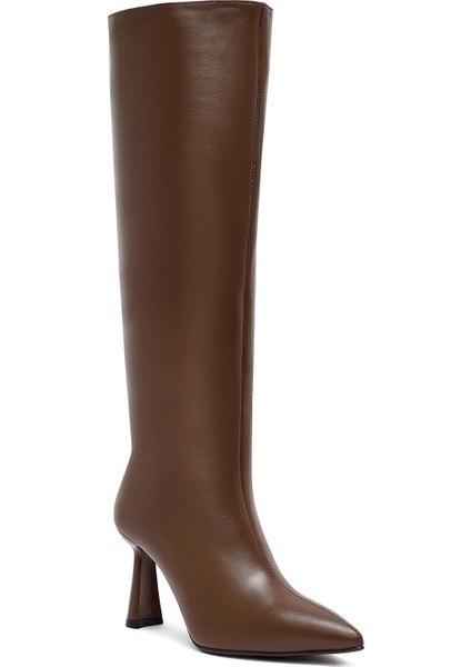 Kadın Kahverengi Topuklu Deri Çizme 25WFD132118