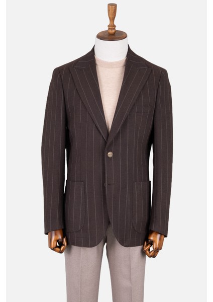 Erkek Iki Düğme Ceket Yarım Astar Çizgili Torba Cep Casual Metal Düğme Kahverengi