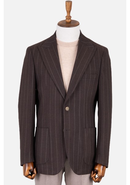 Erkek Iki Düğme Ceket Yarım Astar Çizgili Torba Cep Casual Metal Düğme Kahverengi