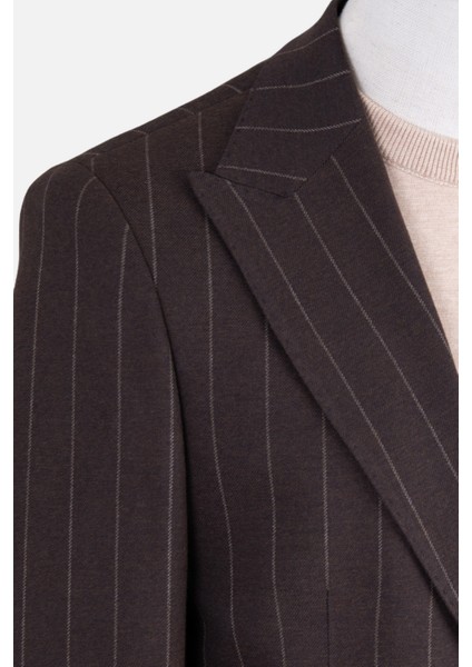 Erkek Iki Düğme Ceket Yarım Astar Çizgili Torba Cep Casual Metal Düğme Kahverengi