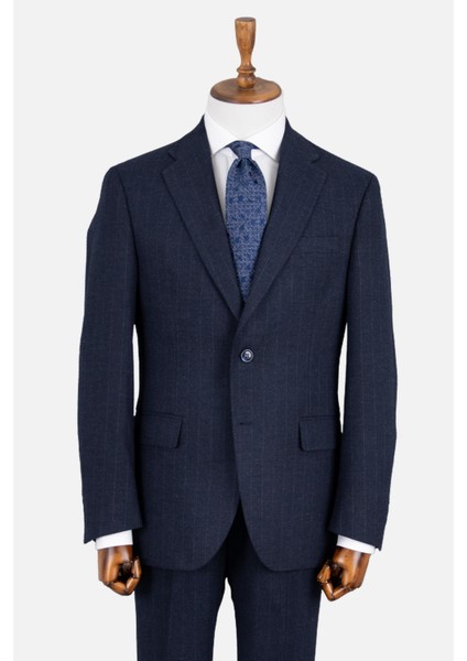 Erkek Klasik Takım Elbise Soft Çizgili Flanel Yün Mono Yaka Rahat Kalıp Lacivert