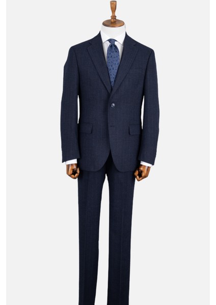 Erkek Klasik Takım Elbise Soft Çizgili Flanel Yün Mono Yaka Rahat Kalıp Lacivert modelleri