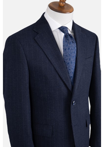 Erkek Klasik Takım Elbise Soft Çizgili Flanel Yün Mono Yaka Rahat Kalıp Lacivert fırsatları