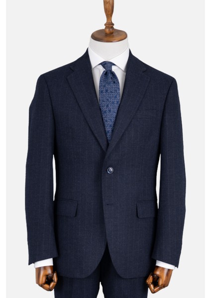 Erkek Klasik Takım Elbise Soft Çizgili Flanel Yün Mono Yaka Rahat Kalıp Lacivert