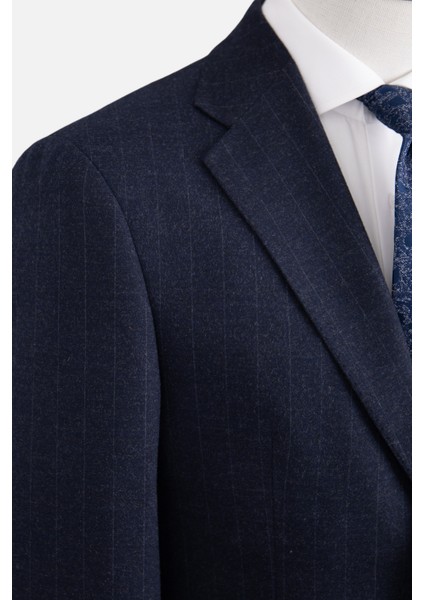 Erkek Klasik Takım Elbise Soft Çizgili Flanel Yün Mono Yaka Rahat Kalıp Lacivert