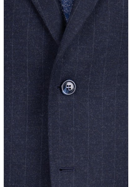 Erkek Klasik Takım Elbise Soft Çizgili Flanel Yün Mono Yaka Rahat Kalıp Lacivert