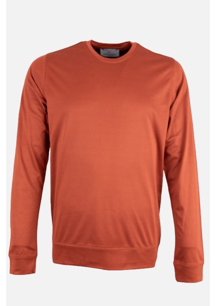 Erkek Bisiklet Yaka Sweatshirt Merserize Dokuma Pamuk Rahat Kalıp Kiremit