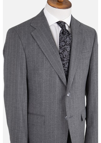 Erkek Klasik Takım Elbise Soft Çizgili Flanel Yün Mono Yaka Rahat Kalıp Gri fırsatları