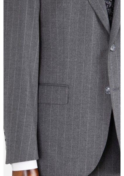 Erkek Klasik Takım Elbise Soft Çizgili Flanel Yün Mono Yaka Rahat Kalıp Gri indirimleri