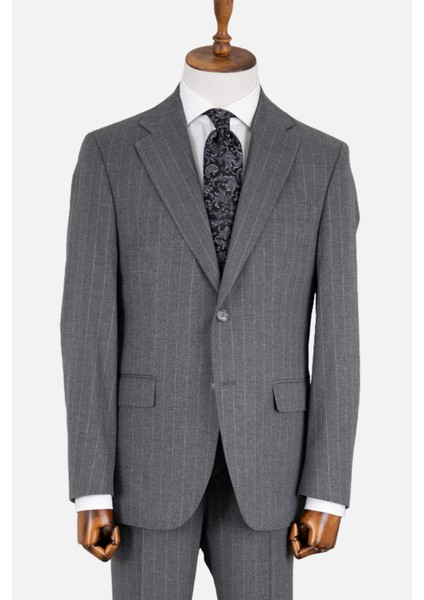 Erkek Klasik Takım Elbise Soft Çizgili Flanel Yün Mono Yaka Rahat Kalıp Gri