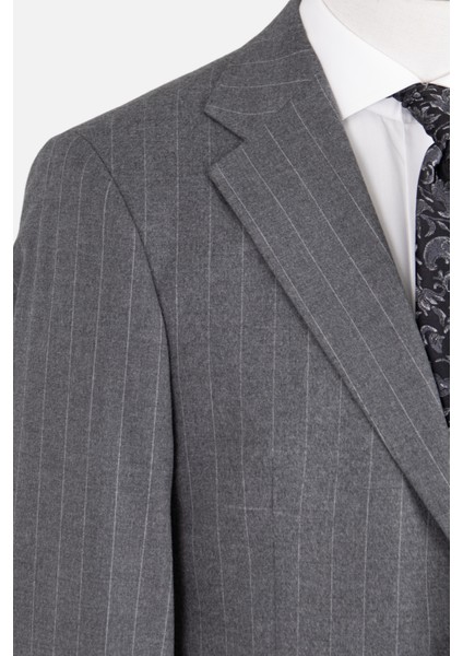 Erkek Klasik Takım Elbise Soft Çizgili Flanel Yün Mono Yaka Rahat Kalıp Gri
