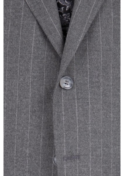 Erkek Klasik Takım Elbise Soft Çizgili Flanel Yün Mono Yaka Rahat Kalıp Gri