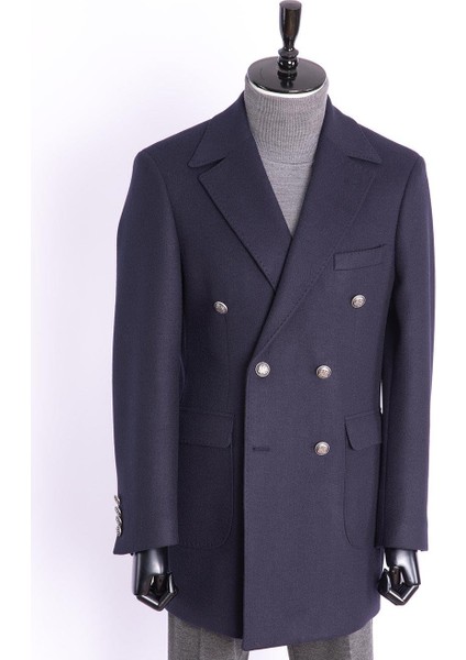 Erkek Kaban Kruvaze Mono Yaka Metal Düğmeli Modern Fit Lacivert