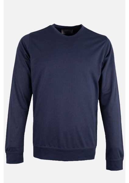 Erkek Bisiklet Yaka Sweatshirt Merserize Dokuma Pamuk Rahat Kalıp Lacivert