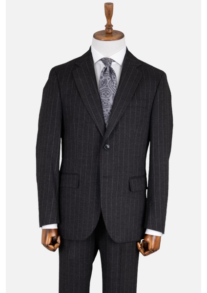 Erkek Klasik Takım Elbise Silik Çizgili Flanel Yün Mono Yaka Rahat Kalıp Siyah