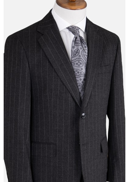 Erkek Klasik Takım Elbise Silik Çizgili Flanel Yün Mono Yaka Rahat Kalıp Siyah fırsatları