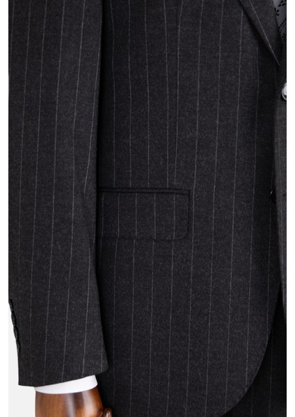 Erkek Klasik Takım Elbise Silik Çizgili Flanel Yün Mono Yaka Rahat Kalıp Siyah indirimleri