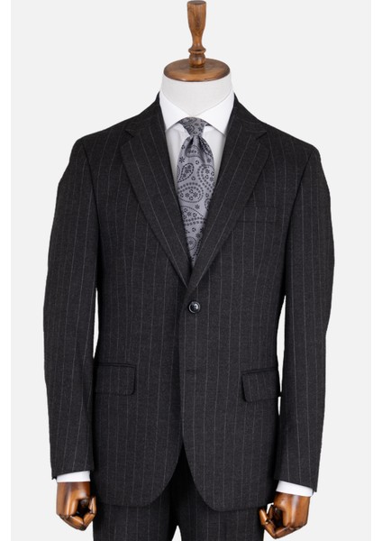 Erkek Klasik Takım Elbise Silik Çizgili Flanel Yün Mono Yaka Rahat Kalıp Siyah