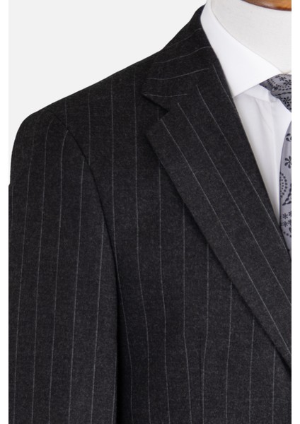 Erkek Klasik Takım Elbise Silik Çizgili Flanel Yün Mono Yaka Rahat Kalıp Siyah