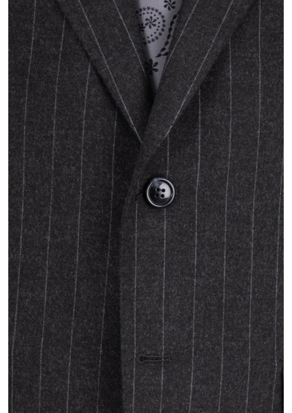 Erkek Klasik Takım Elbise Silik Çizgili Flanel Yün Mono Yaka Rahat Kalıp Siyah