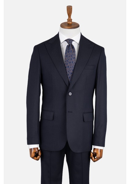 Erkek Klasik Takım Elbise Çizgili Kırlangıç Yaka Puntolu Çift Yırtmaç Rahat Kalıp Lacivert