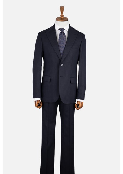 Erkek Klasik Takım Elbise Çizgili Kırlangıç Yaka Puntolu Çift Yırtmaç Rahat Kalıp Lacivert modelleri