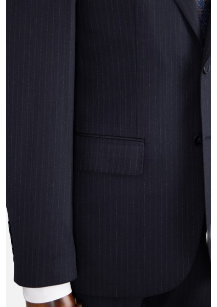 Erkek Klasik Takım Elbise Çizgili Kırlangıç Yaka Puntolu Çift Yırtmaç Rahat Kalıp Lacivert indirimleri