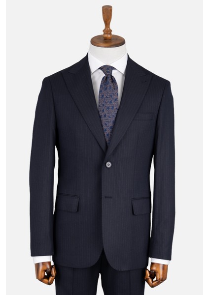Erkek Klasik Takım Elbise Çizgili Kırlangıç Yaka Puntolu Çift Yırtmaç Rahat Kalıp Lacivert