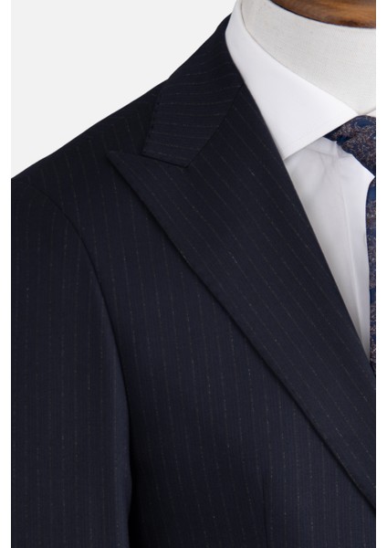 Erkek Klasik Takım Elbise Çizgili Kırlangıç Yaka Puntolu Çift Yırtmaç Rahat Kalıp Lacivert