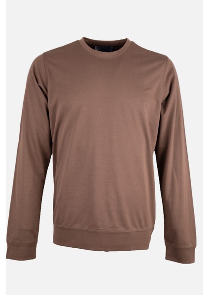Erkek Bisiklet Yaka Sweatshirt Merserize Dokuma Pamuk Rahat Kalıp Kahverengi