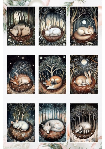 Sevimli Uyuyan Orman Hayvanları Yılbaşı Yeniyıl 9'lu Kartpostal