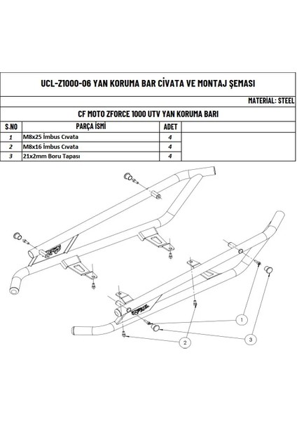 Cfmoto Z Force 1000 Utv Uyumlu Yan Koruma Barı