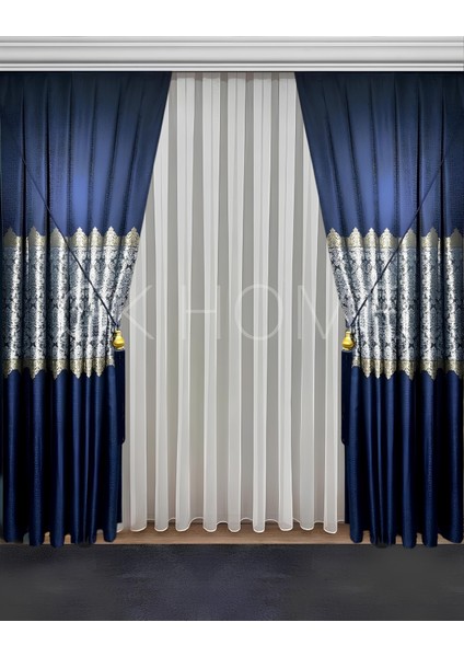 Pano Fon Perde Lacivert Damask Çiçek Desenli Fon Perde Sık Pile 1/3 Tek Kanat