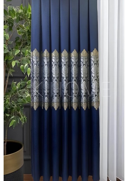 Pano Fon Perde Lacivert Damask Çiçek Desenli Fon Perde Sık Pile 1/3 Tek Kanat fiyatları