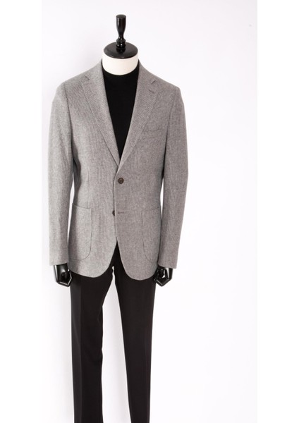 Erkek Iki Düğme Ceket Yün Kaz Ayağı Desen Mono Yaka Torba Cep Gri