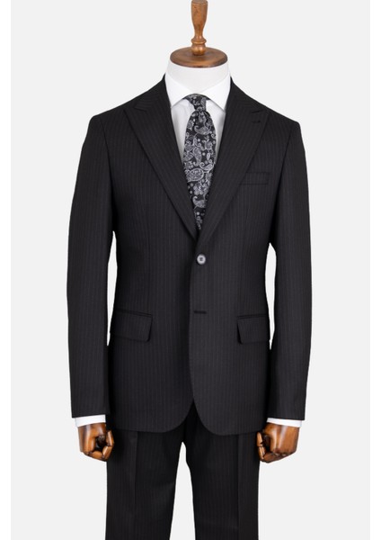 Erkek Klasik Takım Elbise Çizgili Kırlangıç Yaka Puntolu Çift Yırtmaç Rahat Kalıp Siyah