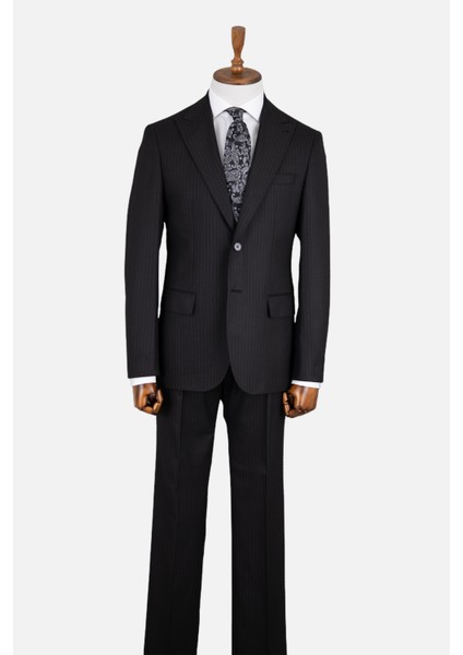 Erkek Klasik Takım Elbise Çizgili Kırlangıç Yaka Puntolu Çift Yırtmaç Rahat Kalıp Siyah fiyatları