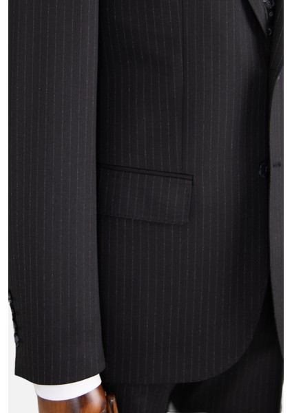 Erkek Klasik Takım Elbise Çizgili Kırlangıç Yaka Puntolu Çift Yırtmaç Rahat Kalıp Siyah indirimleri