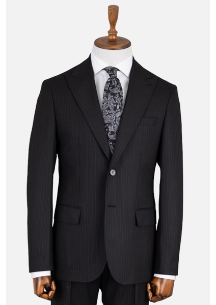Erkek Klasik Takım Elbise Çizgili Kırlangıç Yaka Puntolu Çift Yırtmaç Rahat Kalıp Siyah