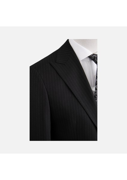 Erkek Klasik Takım Elbise Çizgili Kırlangıç Yaka Puntolu Çift Yırtmaç Rahat Kalıp Siyah