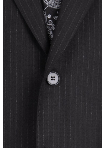 Erkek Klasik Takım Elbise Çizgili Kırlangıç Yaka Puntolu Çift Yırtmaç Rahat Kalıp Siyah