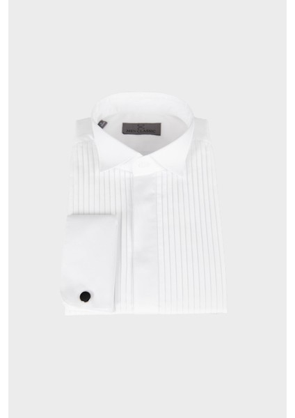 Erkek Ata Yaka Gömlek Smokin Piliseli Manşetli Beyaz