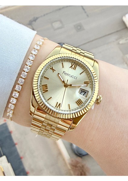 Büyük Rolex Kasa Gold Renk Kadın Kol Saati ve Bileklik